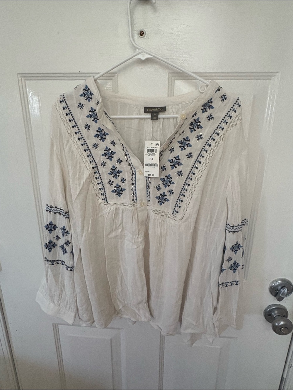 Style & Co. Cream Peasant Tunic with Blue Embroidery